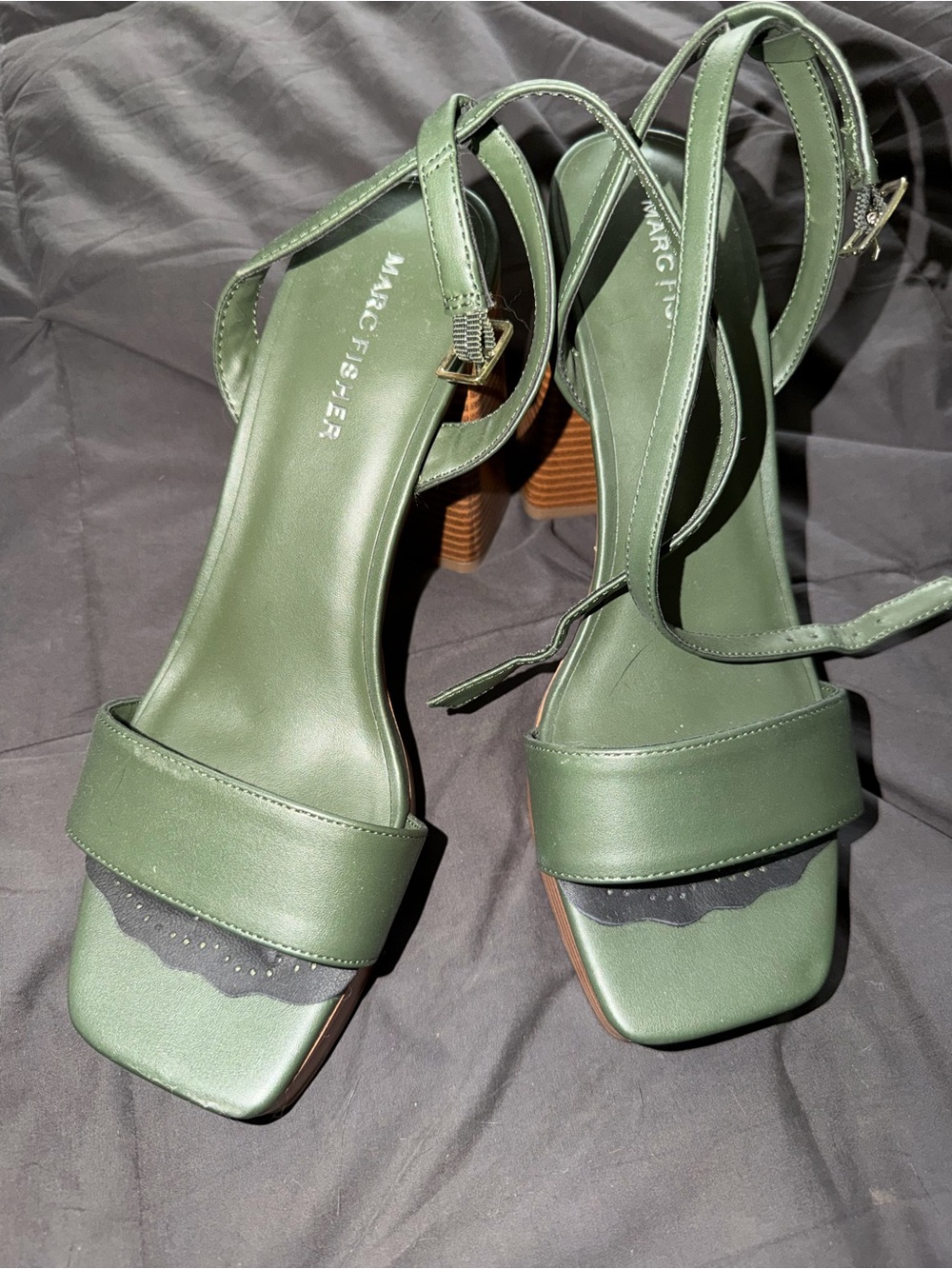 Marc Fisher Green Square-Toe Block Heel Sandals